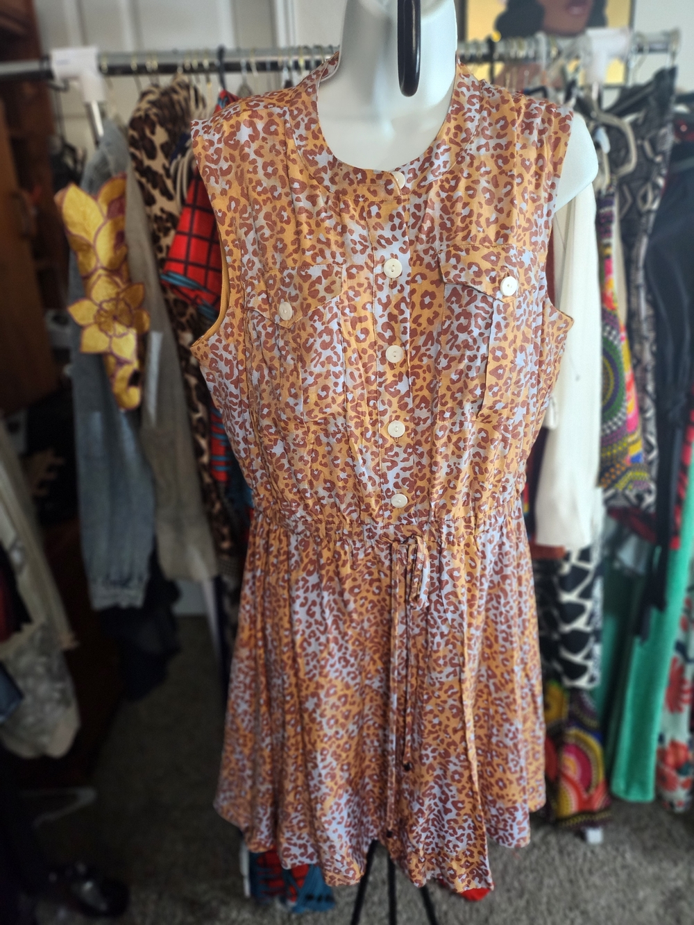 Nine West Orange Leopard Print Drawstring Mini Dress